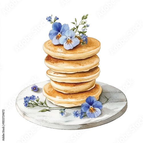 Stack of Pancakes Adorned with Delicate Blue Flowers on Marble Plate.