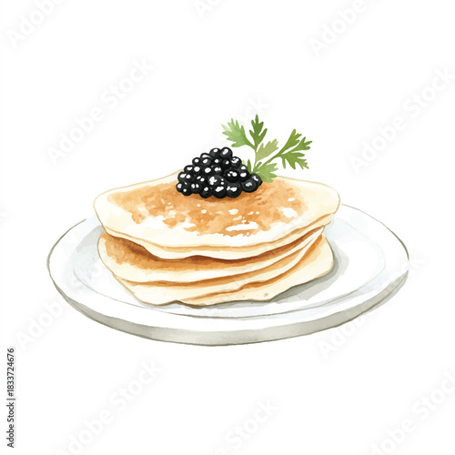 Stack of Pancakes Topped with Caviar and Parsley on a Plate.