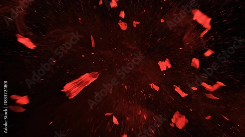 Abstract Red Energy Particles Flowing and Exploding in Dark Space Dynamic Motion Background.