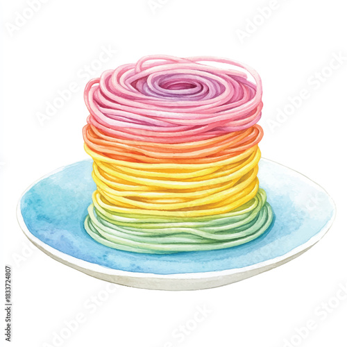 Stack of rainbow colored spaghetti on a blue plate.