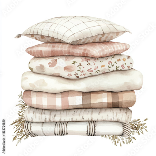 Stack of Soft Pillows and Blankets in Pastel Colors.