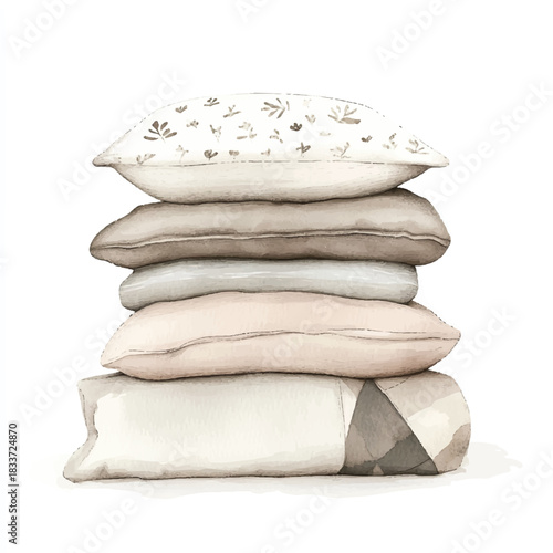 Stack of soft pillows in various neutral colors for comfort and rest.