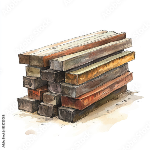 Stack of weathered wooden beams watercolor illustration.