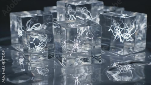 Closeup of melting ice cubes with trapped air bubbles on a reflective surface creating a cool and refreshing visual.