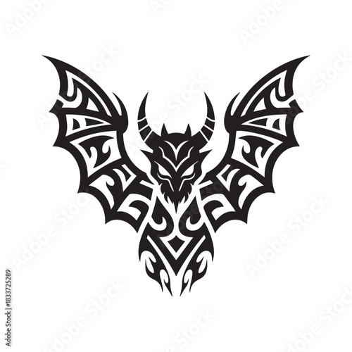 Tribal Tattoo Style Demon Bat with Horns and Elaborate Wing Patterns.