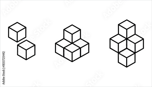 Three isometric line art cube arrangements showing increasing complexity cubes geometric