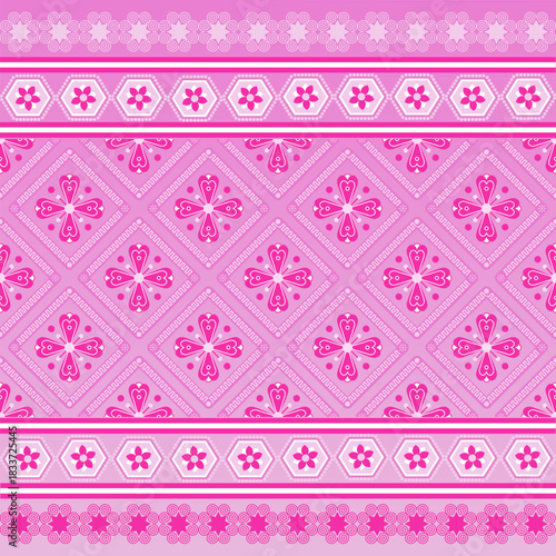Pink gradient background transitioning from dark to light pink tones. The top pattern features floral motifs placed on diamond-shaped geometric designs. Decorative borders appear at both the top and b