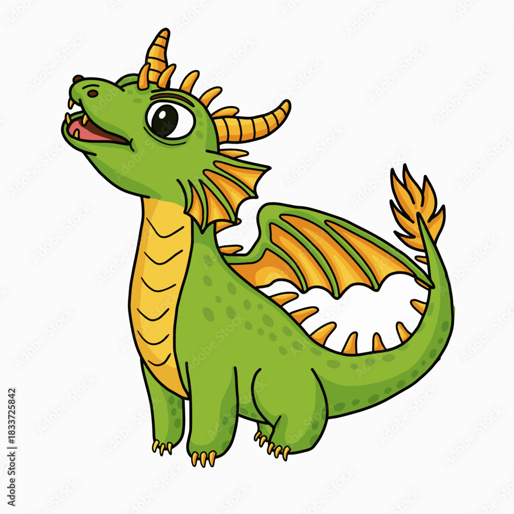 Obraz premium Cute green baby dragon with orange wings vector. Funny cartoon fantasy monster character illustration