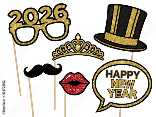 A festive collection of glittery gold and black party props for a New Year's Eve 2026 celebration, including glasses, top hat, tiara, and mustache