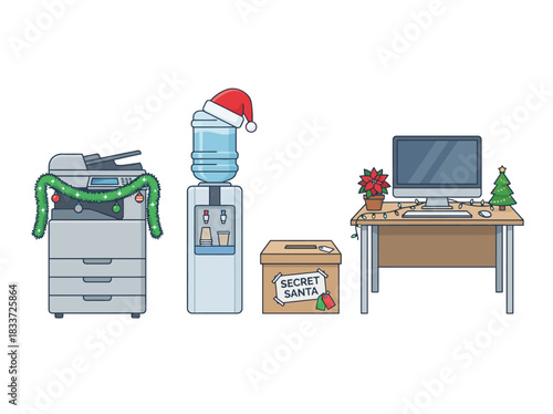 Festive office decor with a photocopier, water cooler, secret Santa box, and computer desk setup