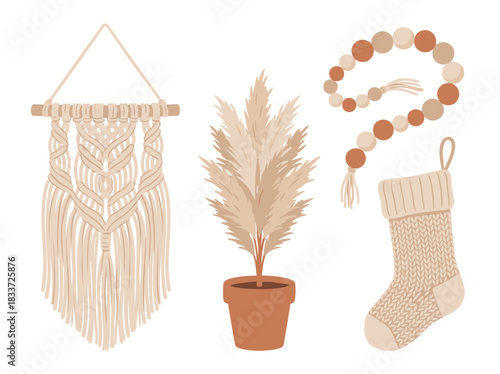 Elegant Set of Neutral-Toned Bohemian Home Decor Elements Featuring Macrame Wall Art, Potted Pampas Grass, Rustic Beaded Garland, and a Cozy Knitted Stocking