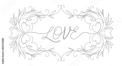 Elegant line art of the word LOVE in flowing script, surrounded by delicate floral ornaments