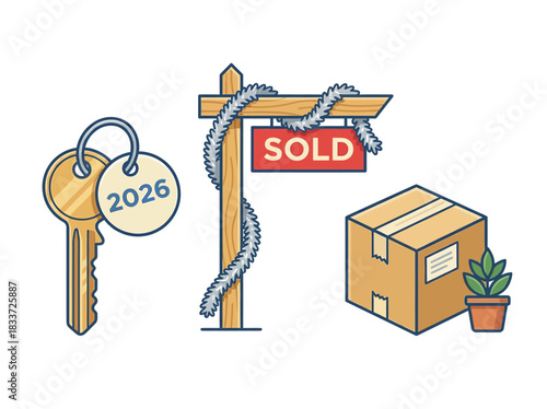 Real Estate Icons Key, Sold Sign, and Moving Box Illustrating Home Ownership and Relocation in 2026