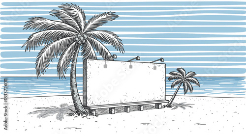 A captivating hand-drawn illustration shows a blank billboard on a tropical beach, flanked by palm trees and the ocean, perfect for advertising or summer promotions.