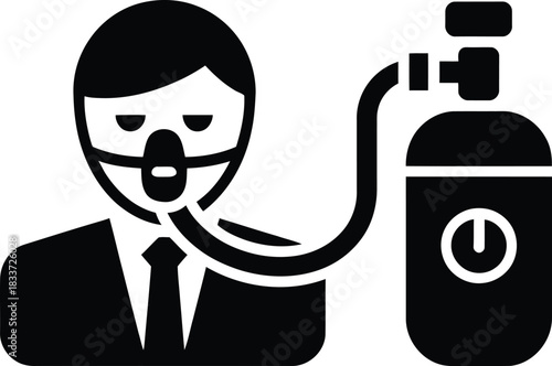 Man with oxygen mask connected to cylinder for respiratory support icon