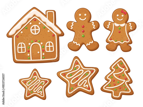 A festive collection of decorated gingerbread cookies including a house, man, woman, stars, and a tree, perfect for holiday celebrations