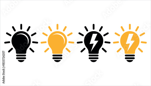 Four light bulb icons in black and yellow with lightning bolt symbols idea innovation