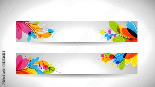 Two horizontal banners featuring abstract floral designs with vibrant colors and paint splatters.