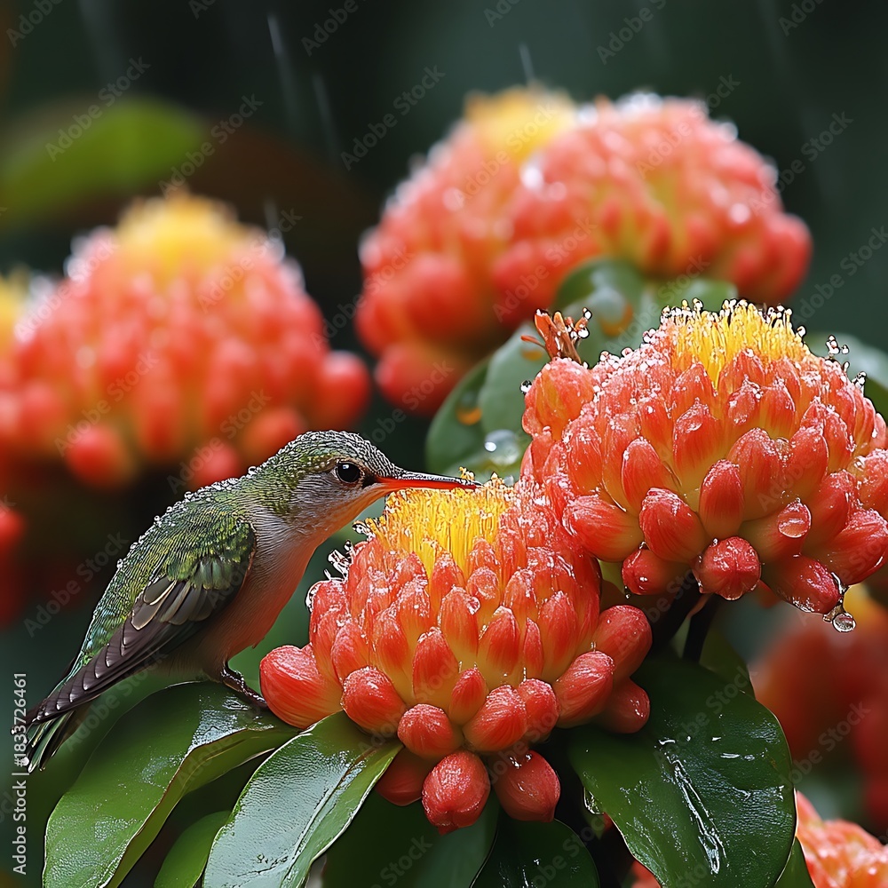 Fototapeta premium Tiny hummingbird sips nectar from vibrant rain-kissed flowers