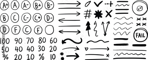 Grading symbol icon set, educational annotation and feedback mark collection, school graphics, black white vector, cad drawing flat vector illustration