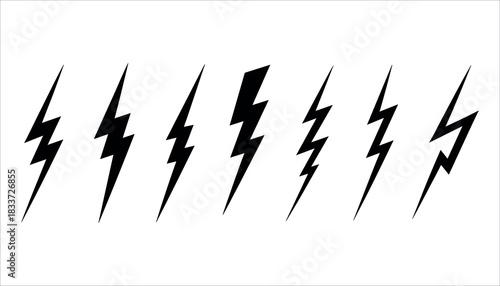 Collection of eight black lightning bolt icons on a white background thunderbolt electricity