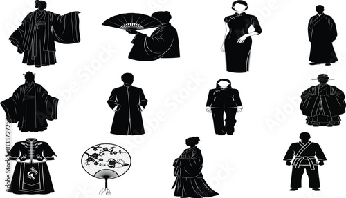 Collection of silhouetted figures in traditional Asian clothing and accessories