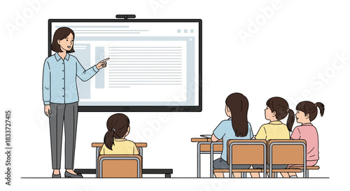 A female teacher points to a presentation on a large screen while students sit at desks in a classroom.