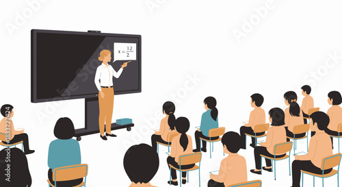 A teacher instructs students in a modern classroom setting with a large interactive display.
