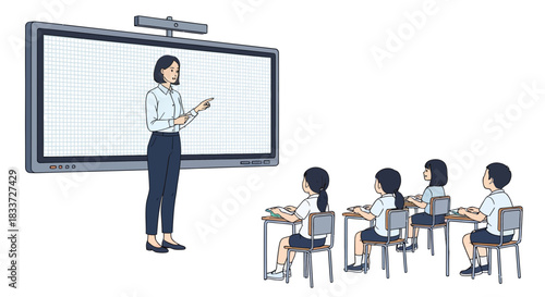 Female teacher explaining lesson to students in classroom.