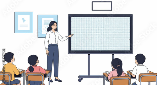 Teacher instructing students in a classroom with a whiteboard.