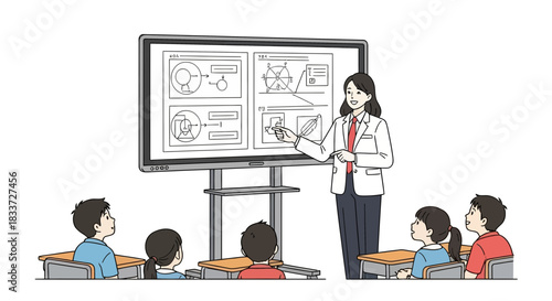 Teacher instructing students in a classroom with an interactive whiteboard displaying educational content.