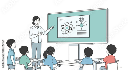 Teacher explaining science concepts to students in a classroom.