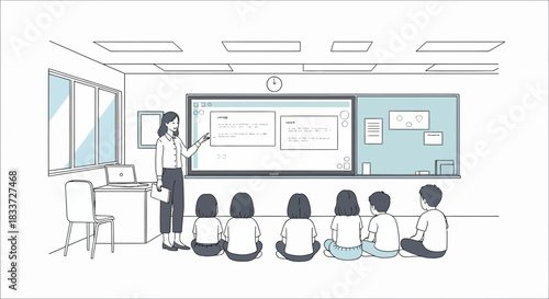 Teacher instructing students in a classroom with a digital whiteboard.