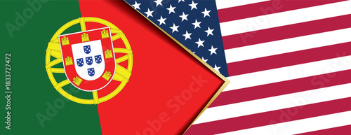 Portugal and United States flags overlapping abstract background showing international relations