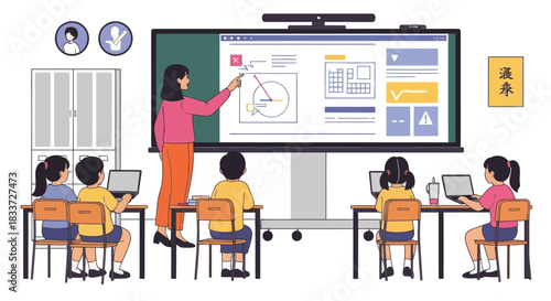 A teacher uses a large interactive screen to teach a class of students who are using laptops.