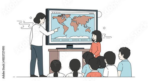 Teacher explaining geography to students on a digital screen.