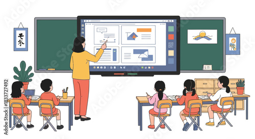 Teacher explaining data charts to students on interactive whiteboard in classroom.