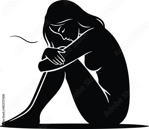 Silhouette of a woman sitting hugging her knees vector illustration for mental health and emotional wellbeing 