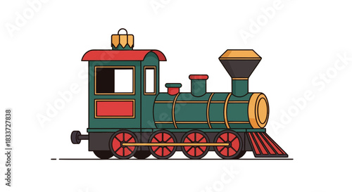 Vintage green and red cartoon train illustration on white background.