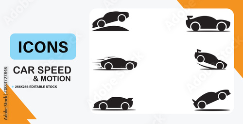 Car Speed and Motion Silhouette Icon Set.