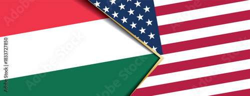 Hungary and United States flags overlapping abstract background showing international alliance diplomacy