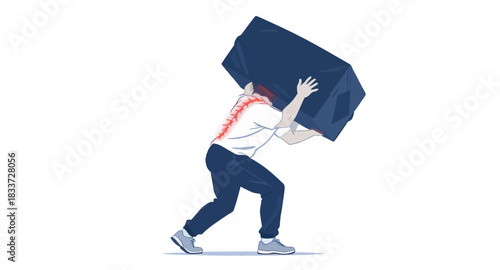 A person struggling to carry a large, heavy, dark blue boulder on their shoulders, with their spine visibly strained.
