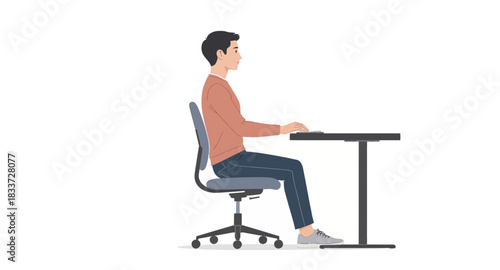 Illustration of a man sitting at a desk with good posture, side view.