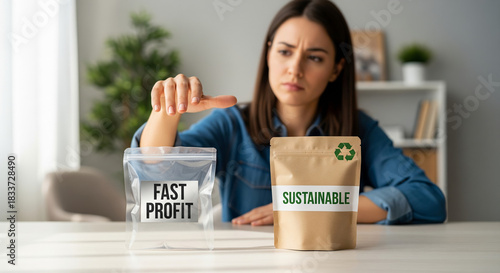 Conflicted woman hesitating between fast profit and sustainable packaging in an ethical business dilemma