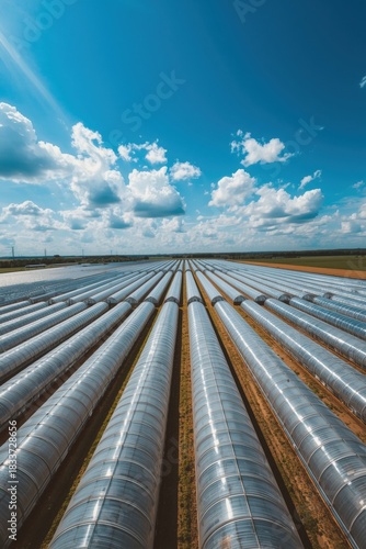 Vast agricultural field covered in plastic mulch under a bright blue sky