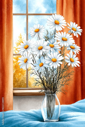 A vase of white daisies sits on a bed with a window in the background. The vase is filled with water and the flowers are arranged in a way that makes them look like they are in a field
