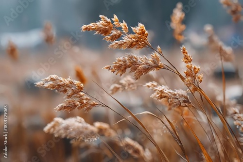 Close-Up of Autumn Grass in Soft Morning Light with Dew Drops