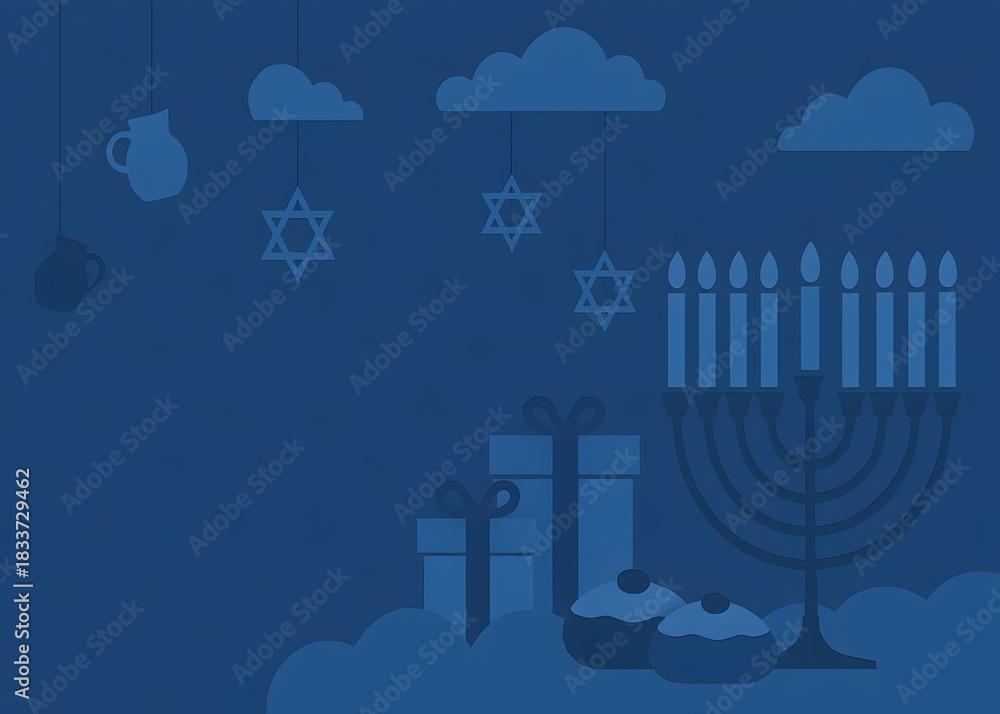Obraz premium Blue hanukkah illustration with menorah dreidels and gifts