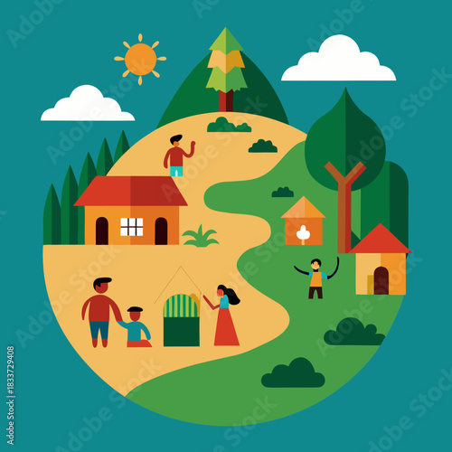 Vibrant flat design village scene with happy people and nature