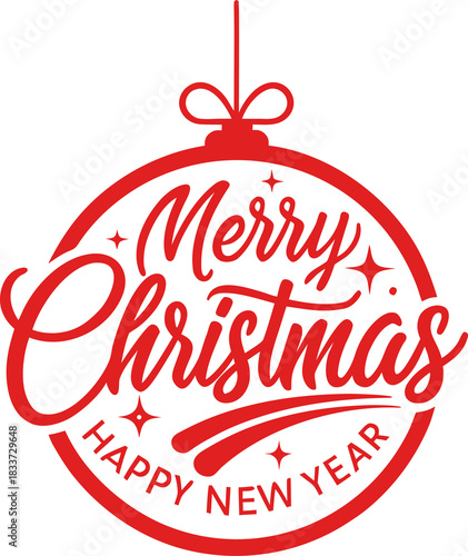 “Clean minimal Christmas greeting logo with bold red circular ornament outline, elegant calligraphy ‘Christmas’ text, small uppercase ‘Merry’ above, and ‘& Happy New Year’ below, flat red design, long